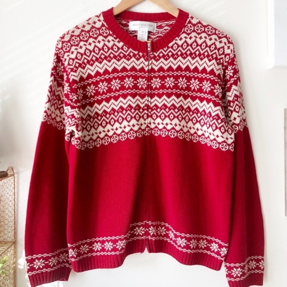 Jones New York Fair Isle Full Zip Knit Sweater Red Ivory Size Medium - Picture 2 of 14